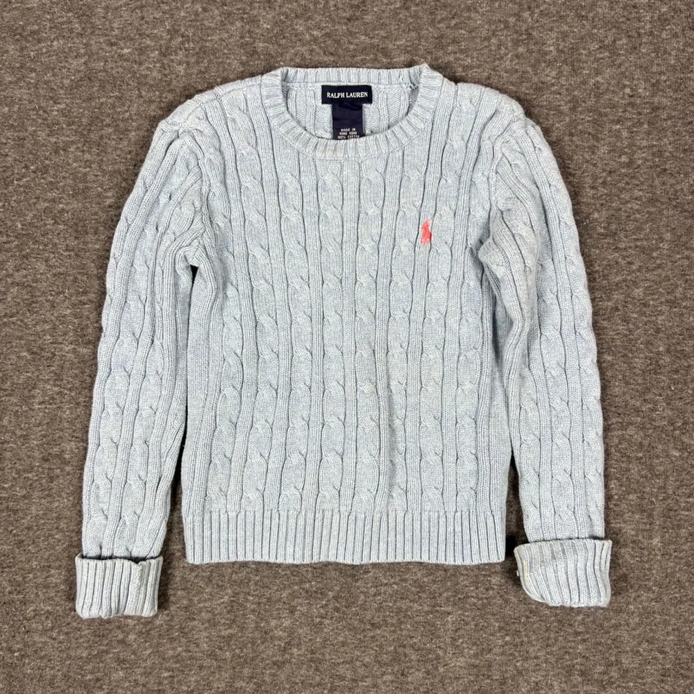 Vintage Ralph Lauren Cable Knit Sweater Kids Small Light Blue Preppy Academia